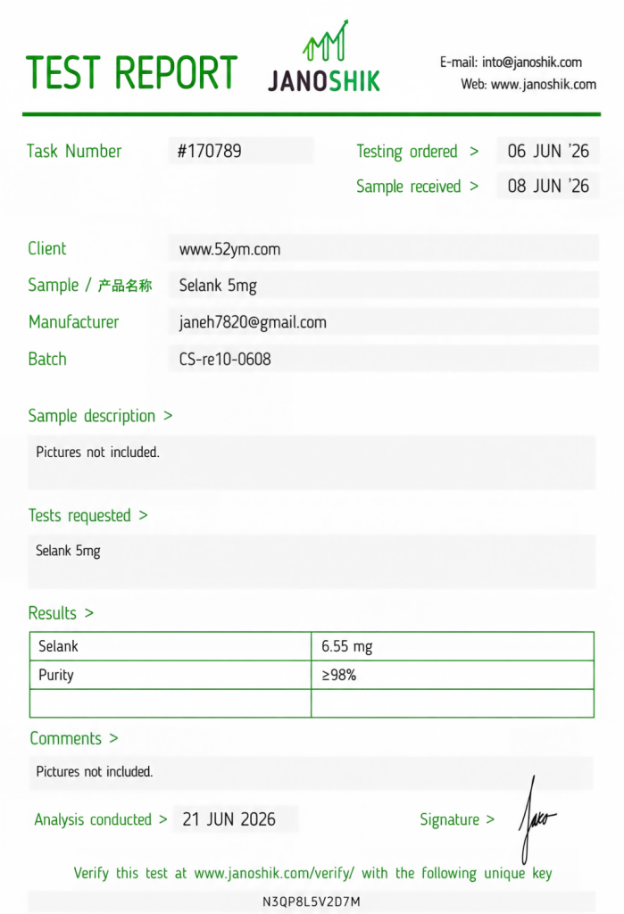 Selank 5mg Certificate of Analysis showing batch-specific analytical test results