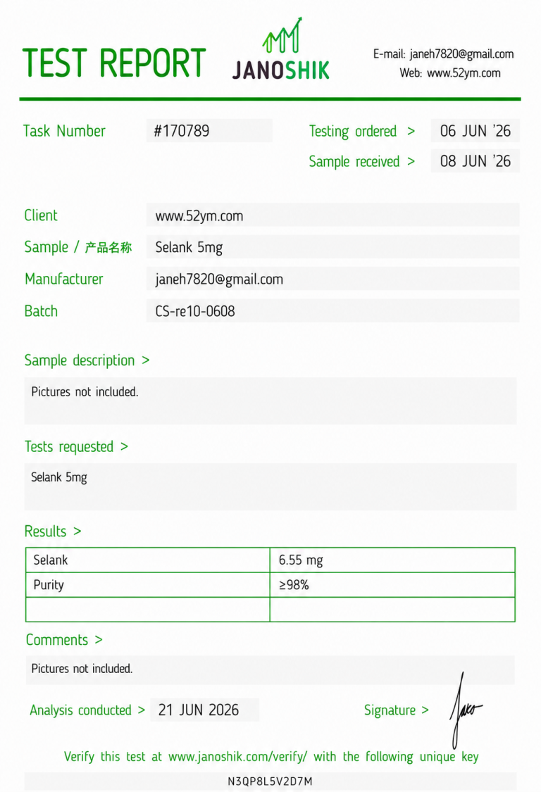 Selank 5mg Certificate of Analysis showing batch-specific analytical test results