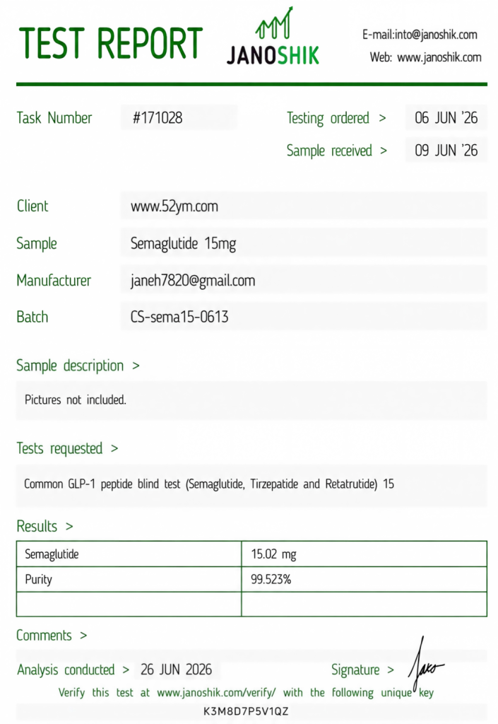 Semaglutide 15mg Certificate of Analysis showing third-party laboratory testing results