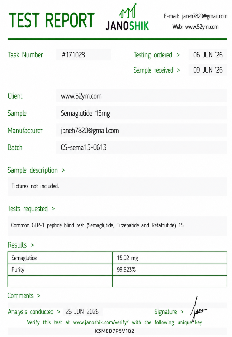 Semaglutide 15mg Certificate of Analysis showing third-party laboratory testing results