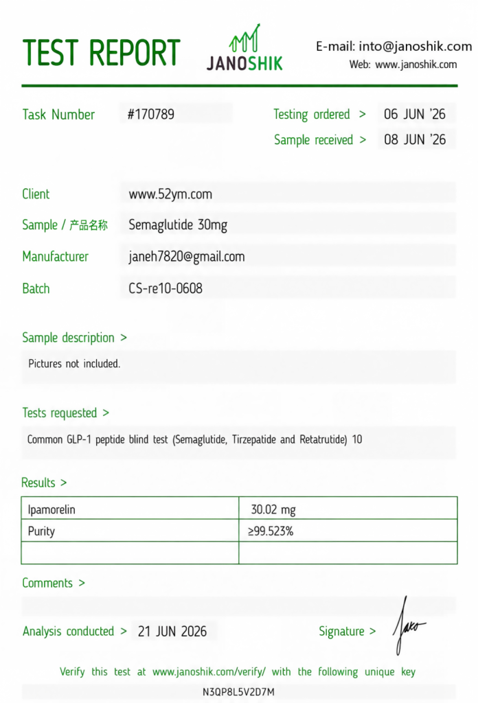 Semaglutide 30mg Certificate of Analysis showing third-party laboratory test results