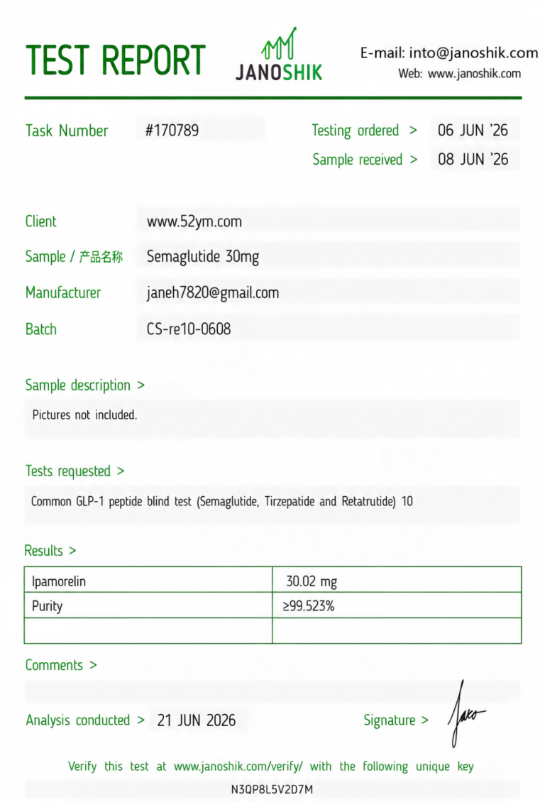 Semaglutide 30mg Certificate of Analysis showing third-party laboratory test results