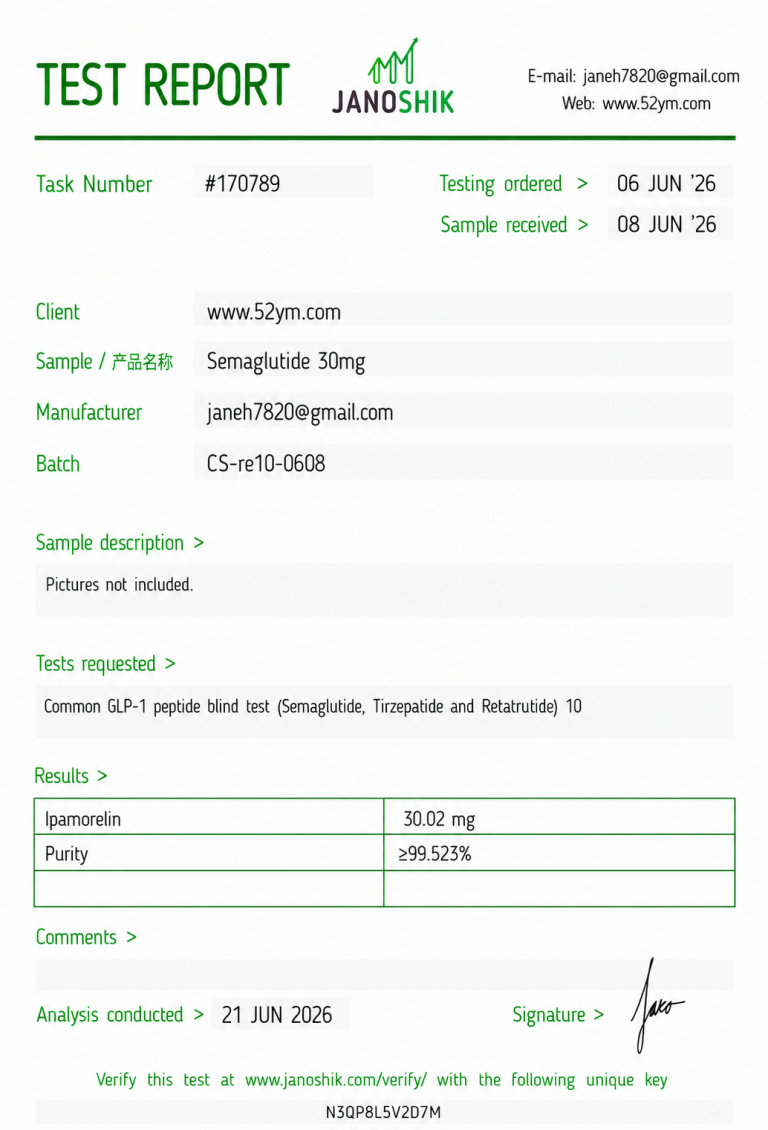 Semaglutide 30mg Certificate of Analysis showing third-party laboratory test results