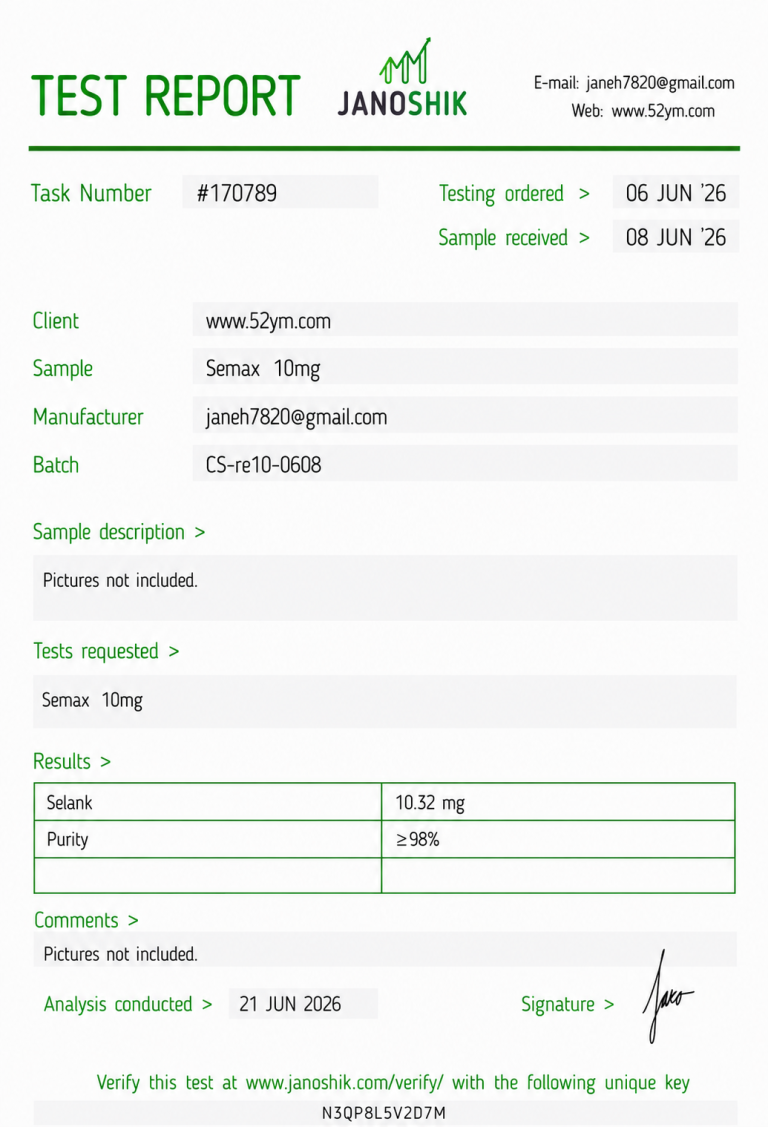 Semax 10mg Certificate of Analysis showing third-party laboratory purity analysis
