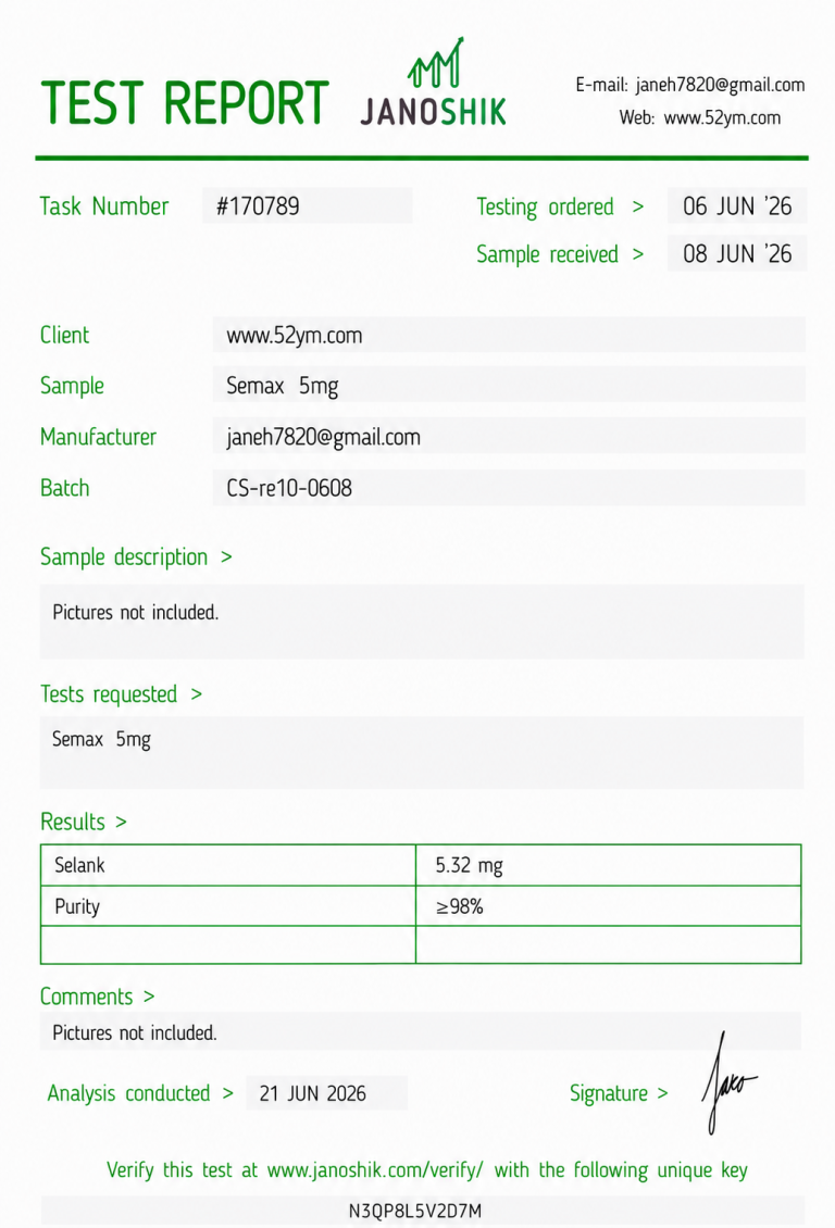 Semax 5mg Certificate of Analysis showing third-party laboratory testing results
