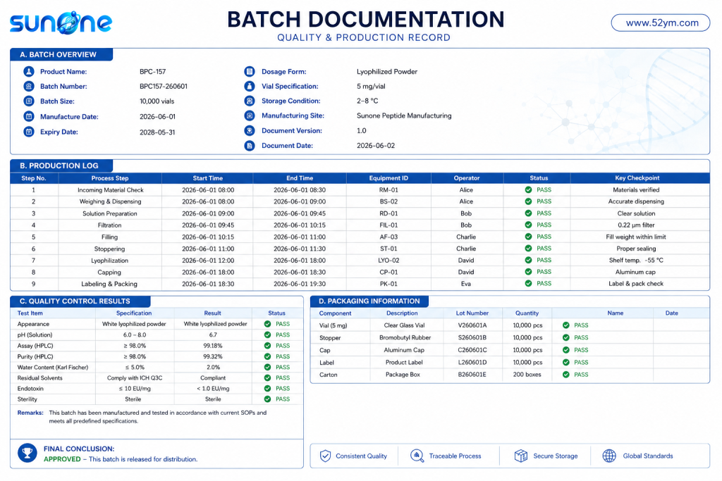 Export-ready batch documentation and traceability record for peptide manufacturing