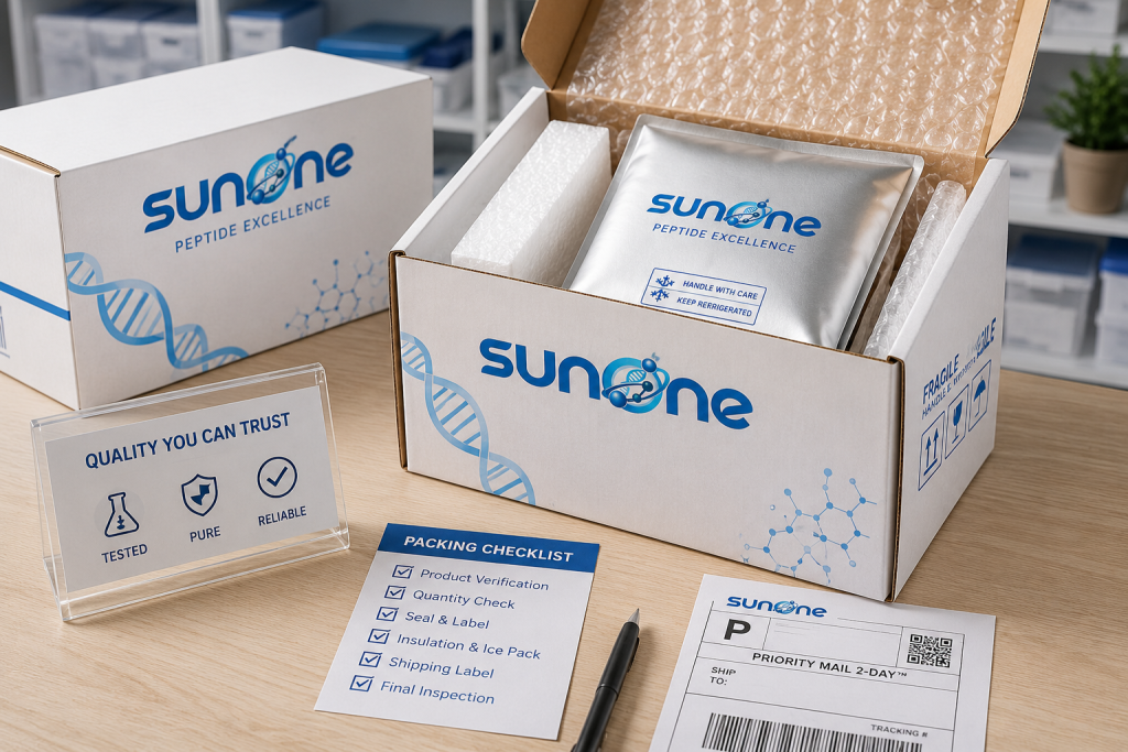 Sunone export-ready peptide packaging with insulated shipping box and packing checklist