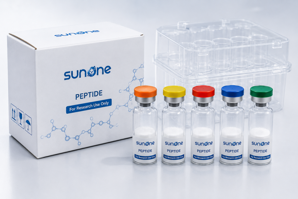 Sunone peptide vials and packaging prepared for export shipping