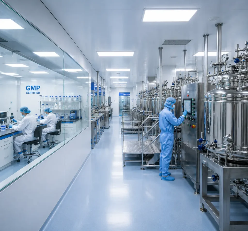 Sunone peptide manufacturing facility with production equipment and laboratory personnel