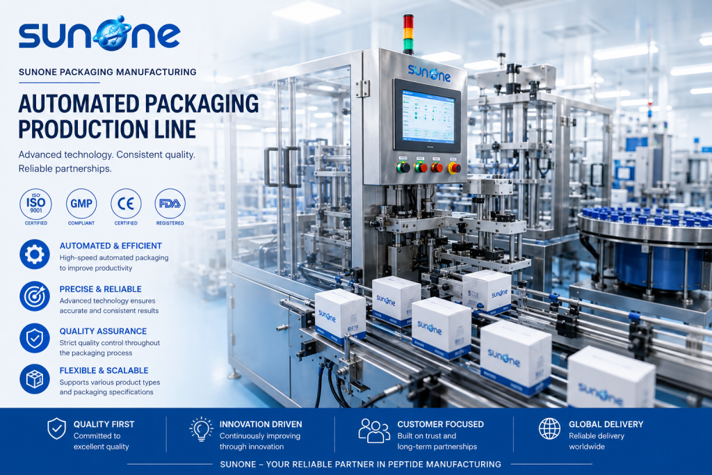 Automated packaging production line for peptide manufacturing at Sunone