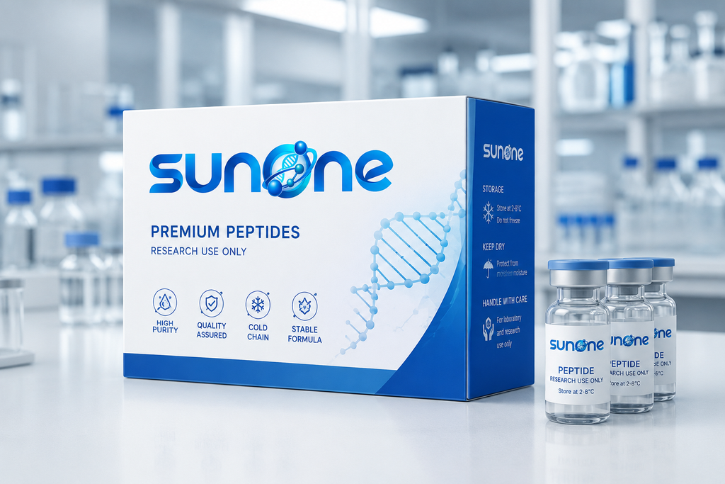 Sunone peptide packaging and research vials in a laboratory setting