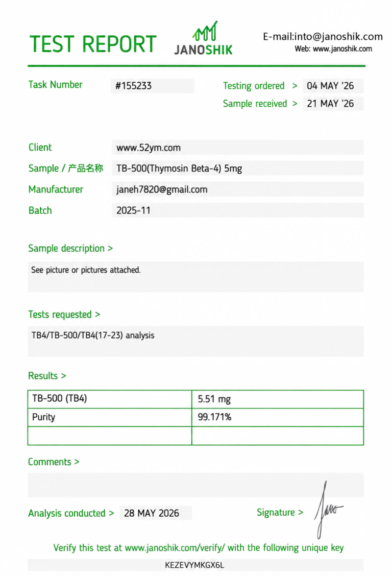 TB-500 (Thymosin β4 Fragment) 5mg Certificate of Analysis showing third-party laboratory test results