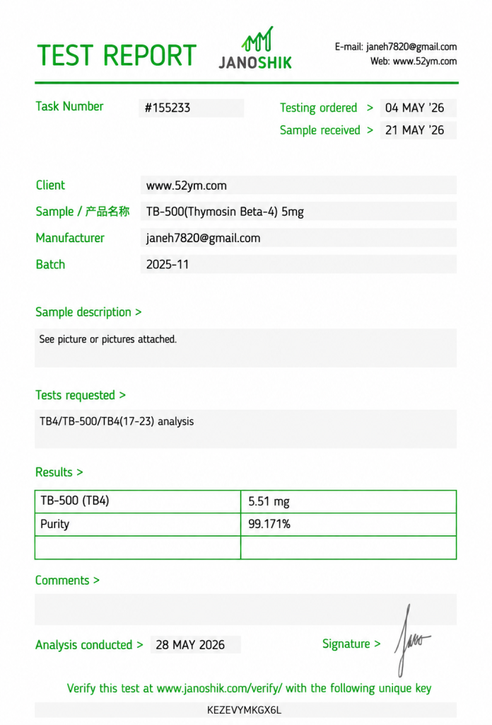 TB-500 (Thymosin β4 Fragment) 5mg Certificate of Analysis showing third-party laboratory test results