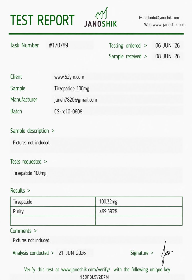 Tirzepatide 100mg Certificate of Analysis showing third-party laboratory test results