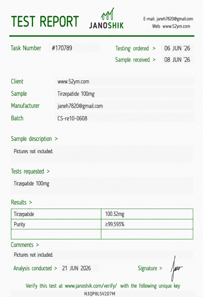 Tirzepatide 100mg Certificate of Analysis showing third-party laboratory test results
