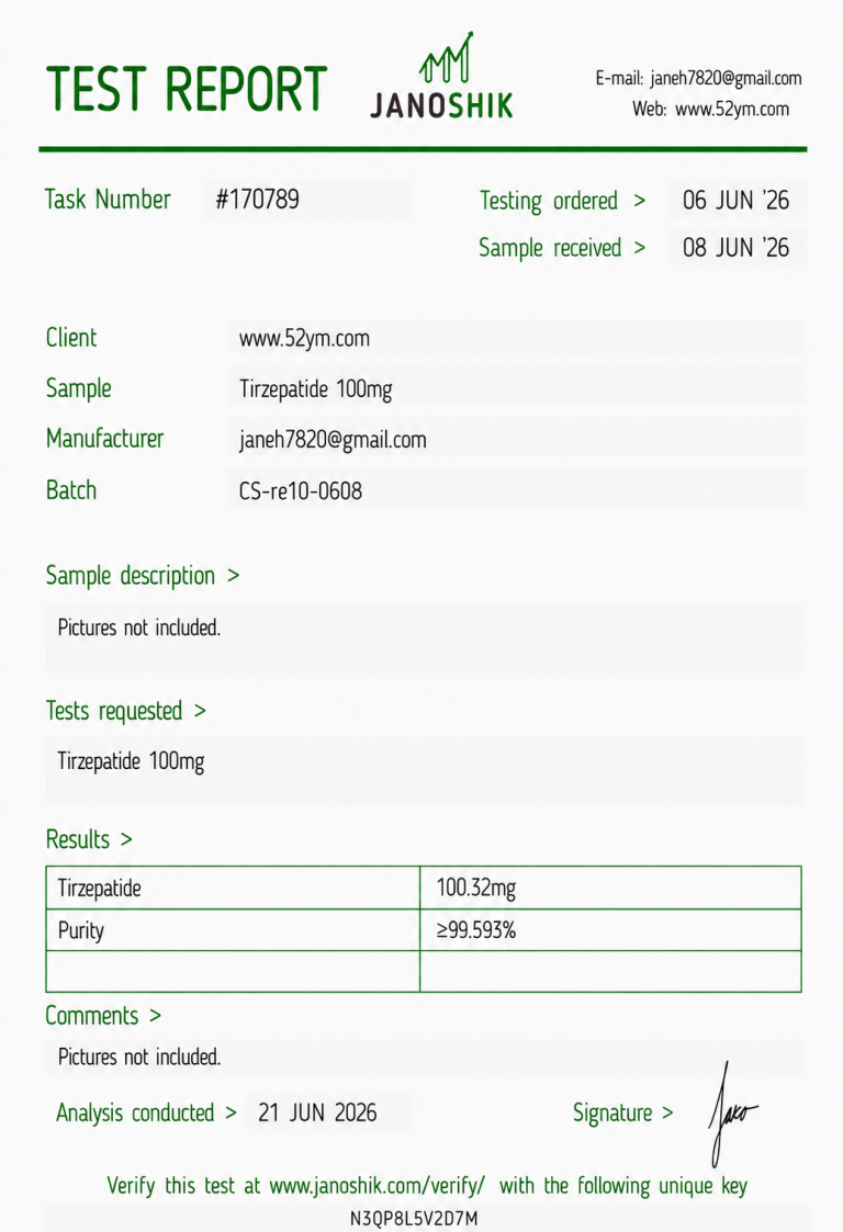 Tirzepatide 100mg Certificate of Analysis showing third-party laboratory test results