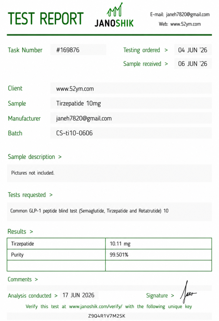 Tirzepatide 10mg Certificate of Analysis (COA) showing third-party laboratory test results