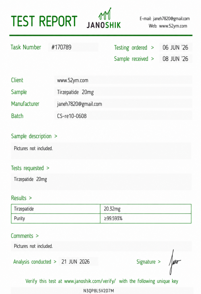 Tirzepatide 20mg Certificate of Analysis (COA) showing third-party laboratory test results