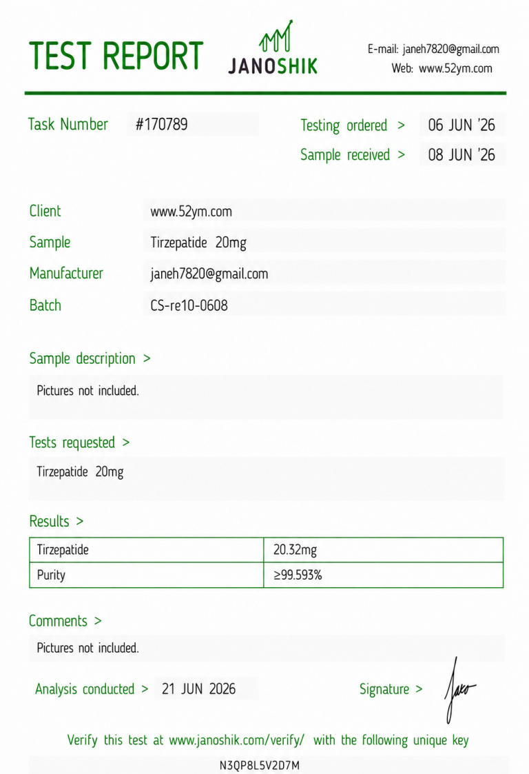 Tirzepatide 20mg Certificate of Analysis (COA) showing third-party laboratory test results