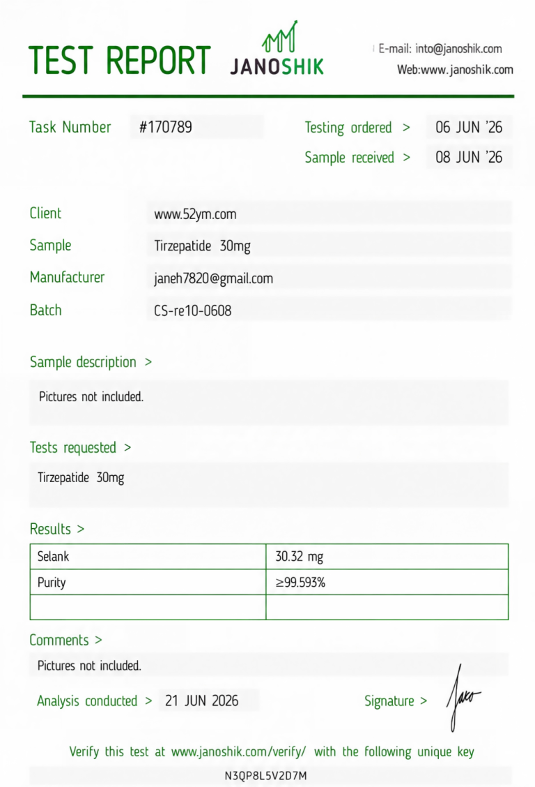 Tirzepatide 30mg Certificate of Analysis showing third-party laboratory test results