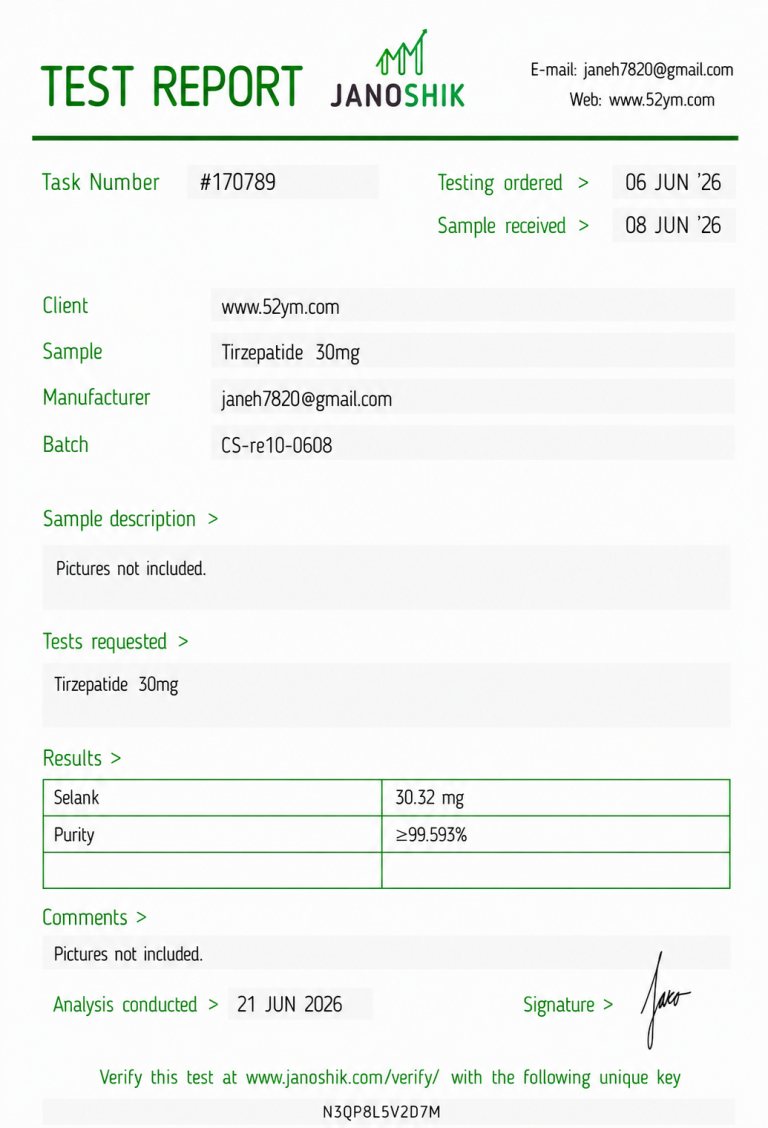 Tirzepatide 30mg Certificate of Analysis showing third-party laboratory test results