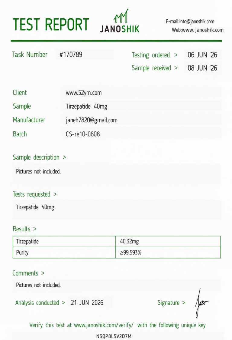 Tirzepatide 40mg Certificate of Analysis showing third-party laboratory testing results