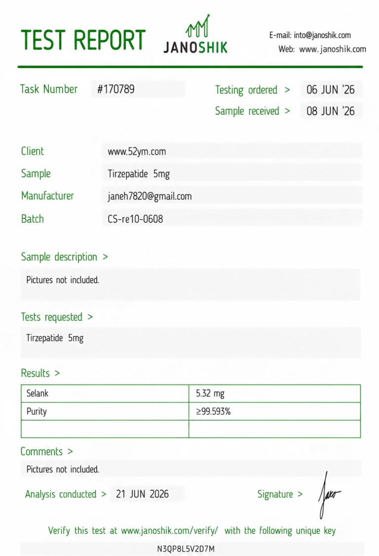 Tirzepatide 5mg Certificate of Analysis showing third-party laboratory test results.