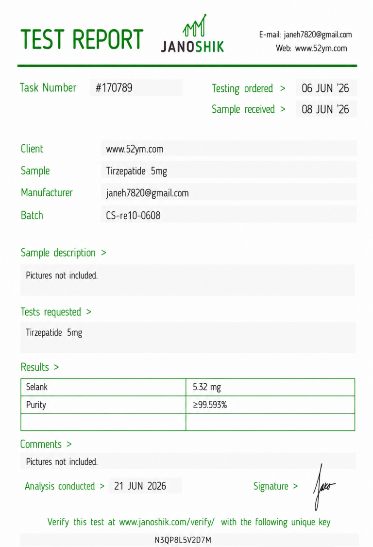 Tirzepatide 5mg Certificate of Analysis showing third-party laboratory test results.