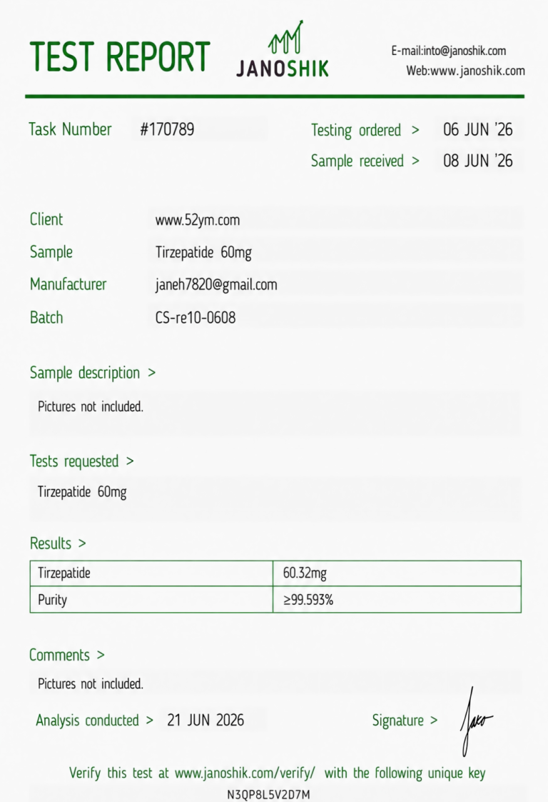 Tirzepatide 60mg Certificate of Analysis (COA) showing third-party laboratory test results