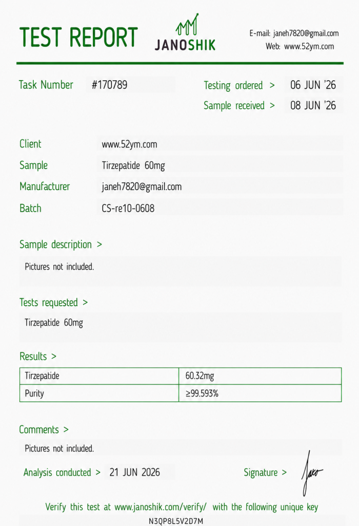 Tirzepatide 60mg Certificate of Analysis (COA) showing third-party laboratory test results