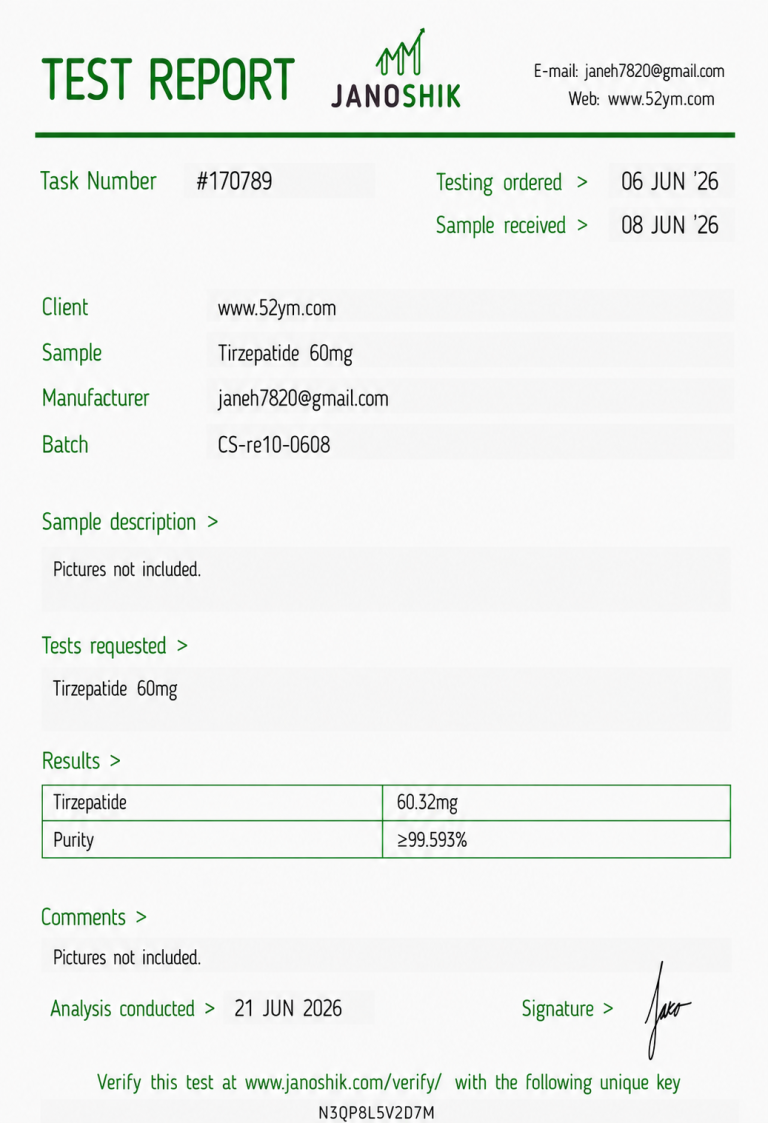 Tirzepatide 60mg Certificate of Analysis (COA) showing third-party laboratory test results