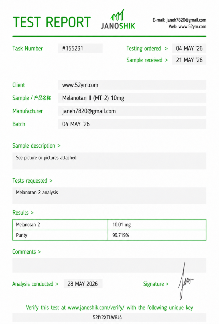 Melanotan II (MT-2) 10mg Certificate of Analysis showing 10.01 mg tested amount and 99.719% purity
